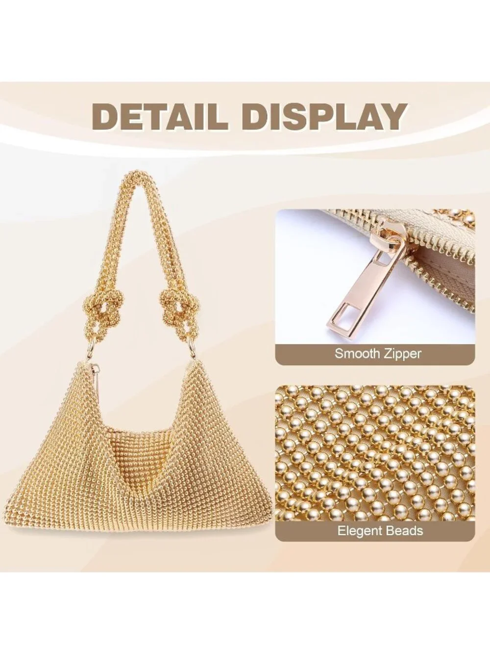 Women’s Gold Beads Rhinestone Mesh Clutch Evening Handbag Wedding Party Purse